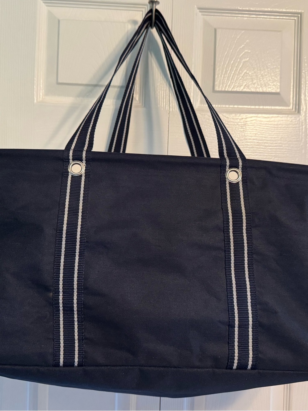 Thirty-one Navy Canvas Tote Bag with Striped Webbing Handles